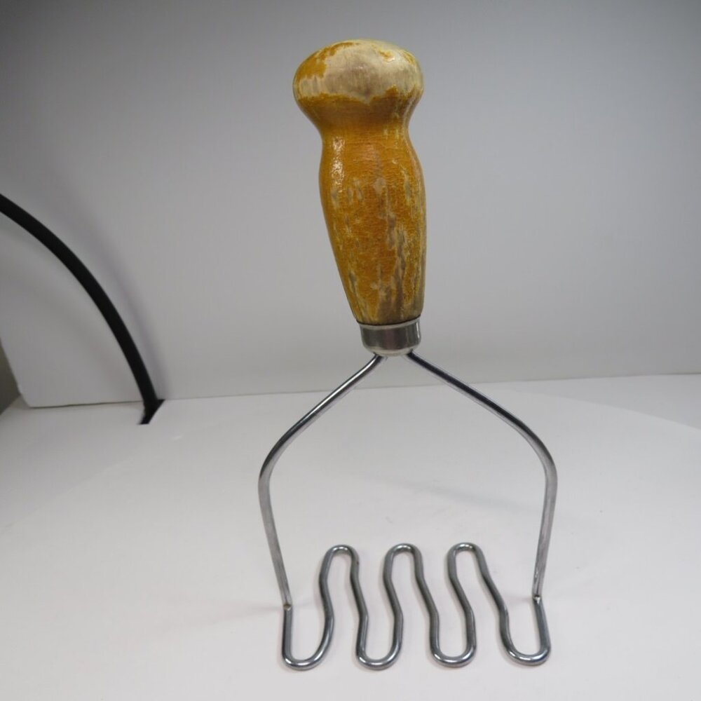 Vintage Potato Masher Stainless Steel w Real Wood Handle 10" tall 4" wide